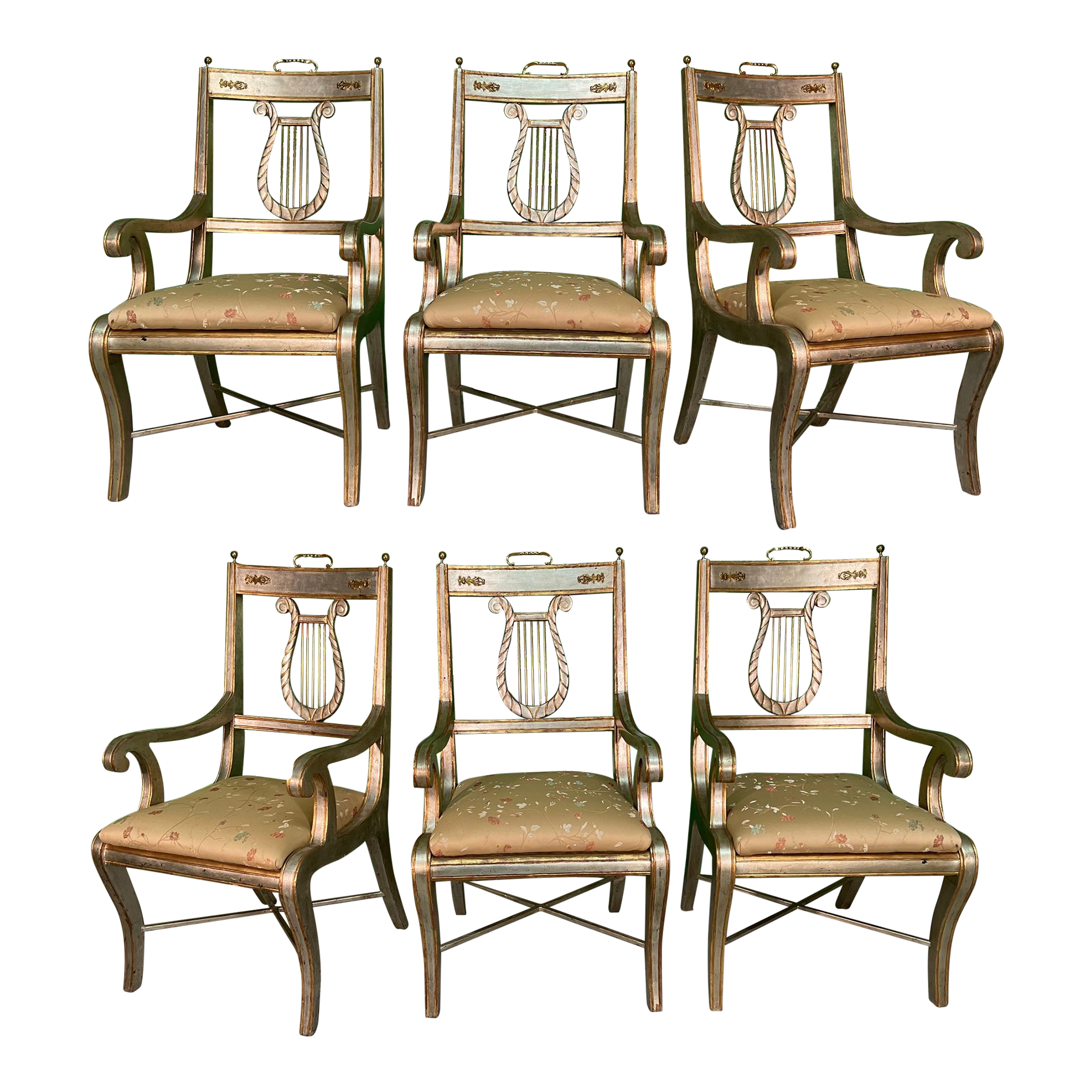 Vintage Lyre Back Dining Arm Chairs, Set of 6