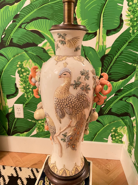 Vintage Peacock Ceramic Table Lamp by Maitland Smith
