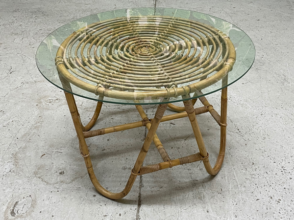 Vintage Rattan Glass Top Side Table front view