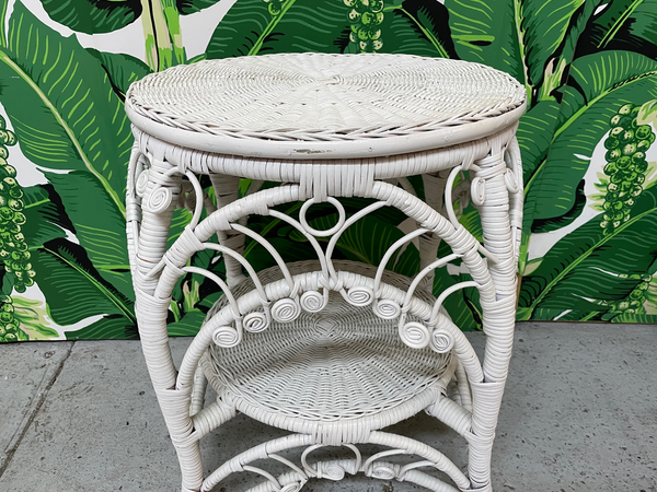 Vintage Scroll Wicker Side Table in the Style of Heywood-Wakefield side view