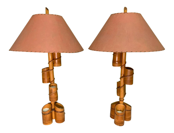 Vintage Tiki Style Rattan and Bamboo Table Lamps front view