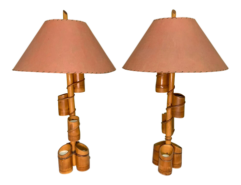 Vintage Tiki Style Rattan and Bamboo Table Lamps front view