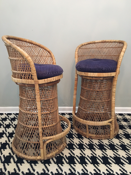 Vintage Wicker Bar Stools with Cushions
