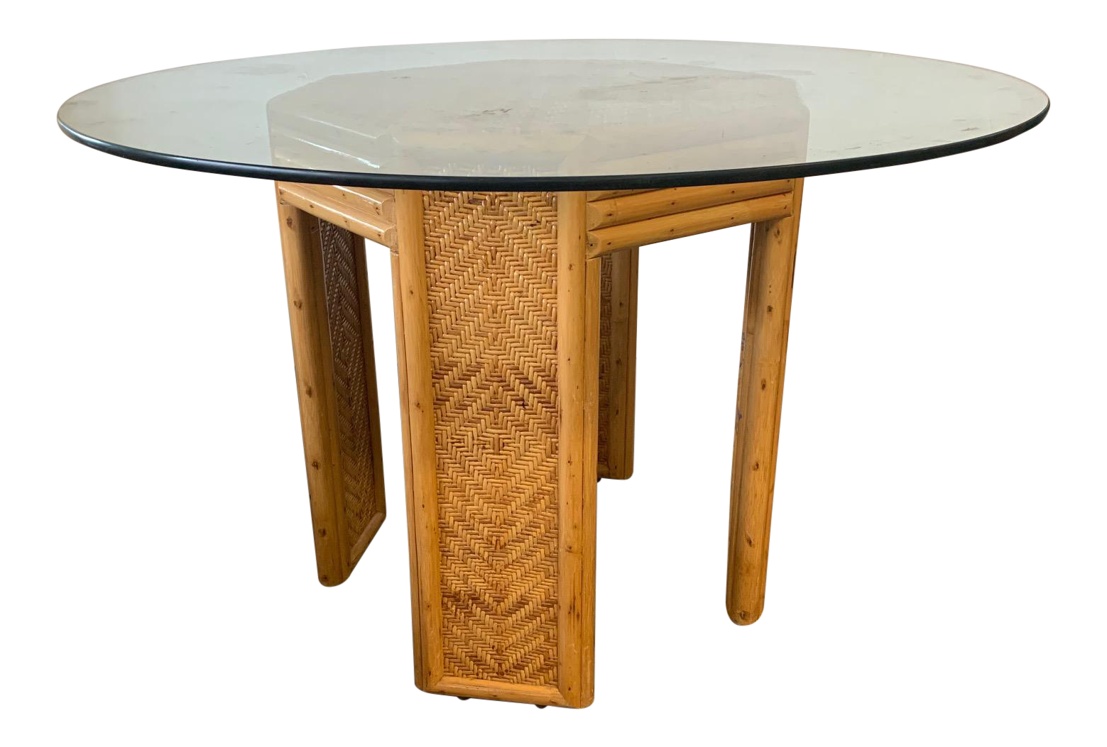 Vintage Woven Rattan Pedestal Dining Table