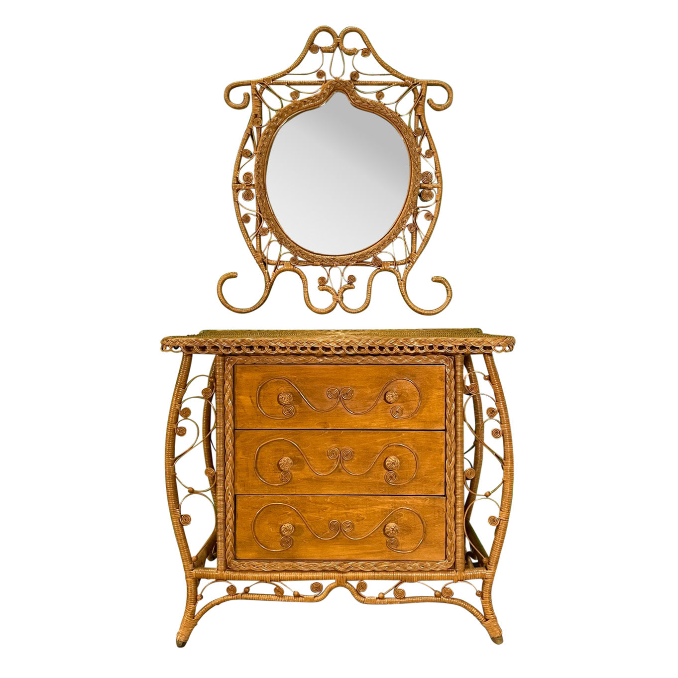 Wicker Fiddlehead Dresser and Mirror in the Manner of Heywood-Wakefield
