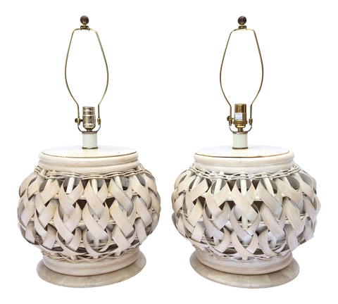 Pair of Woven Wide Rattan Table Lamps